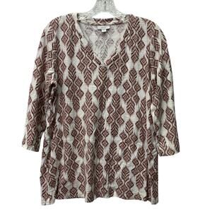 Pure Jill by J.Jill Medium White and Brown Tribal Print 3/4 Sleeve Womens Top